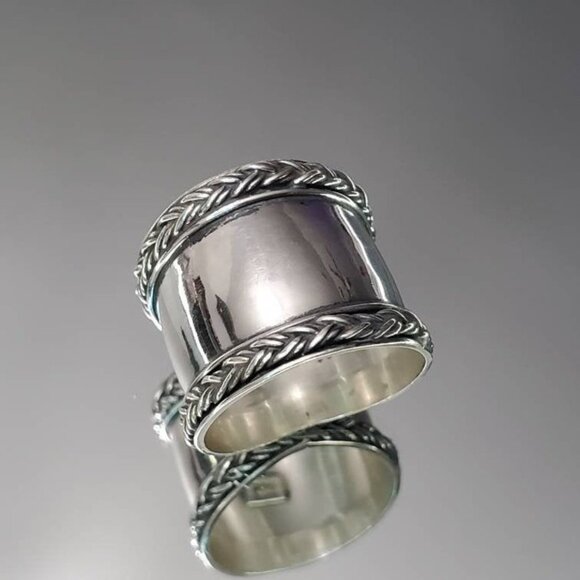 Concave Ring, Bali Sterling Silver Ring - Braided Wide Band Ring, Statement - Picture 7 of 9